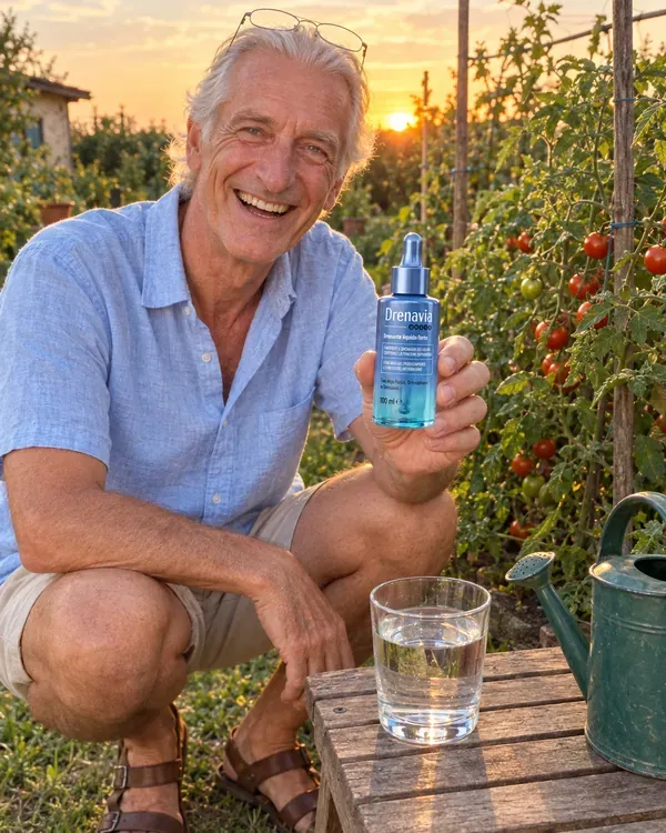Franco nell'orto al tramonto, accovacciato tra i pomodori, con il flacone Drenavia